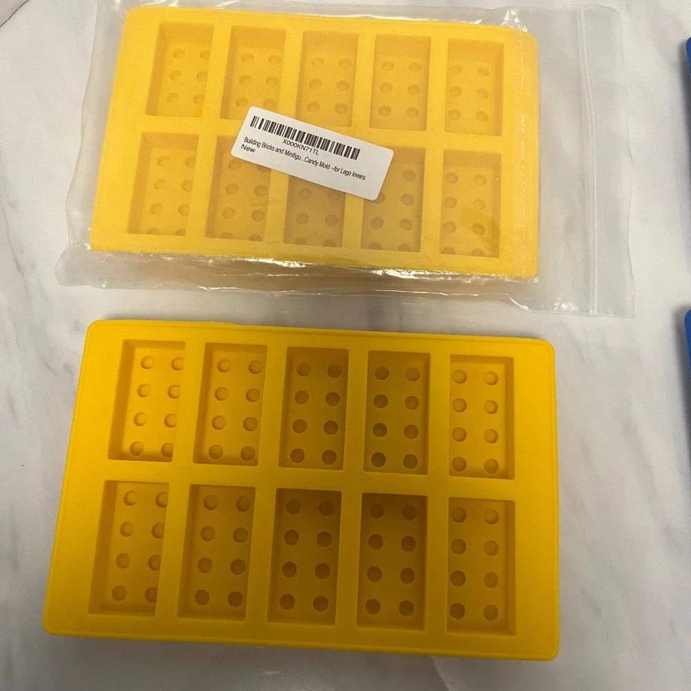 4pc LEGO Brick and Minifigure Silicone Candy Molds Yellow Blue Ice Trays